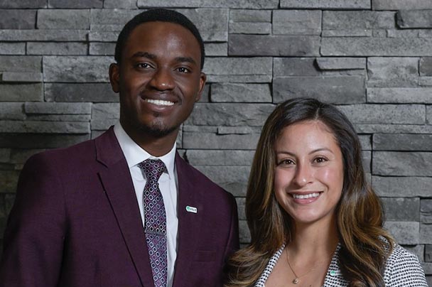 Information portrait of Iowa State graduate students Oluwatuyi Olowoyeye and Erika Ibarra-Garibay.