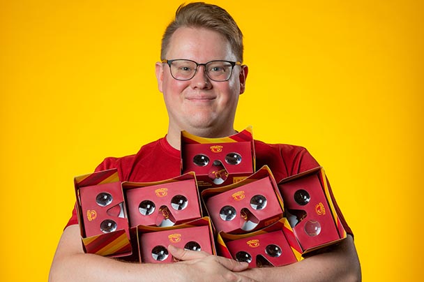 Student entrepreneur Christopher James posing with his virtual reality product.