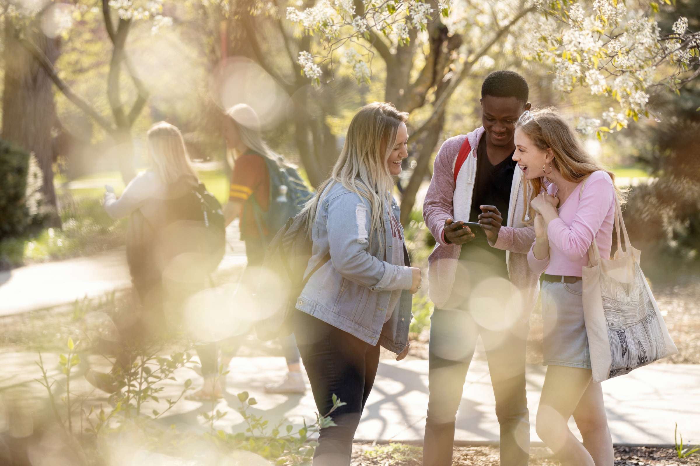 Three students looking at phone