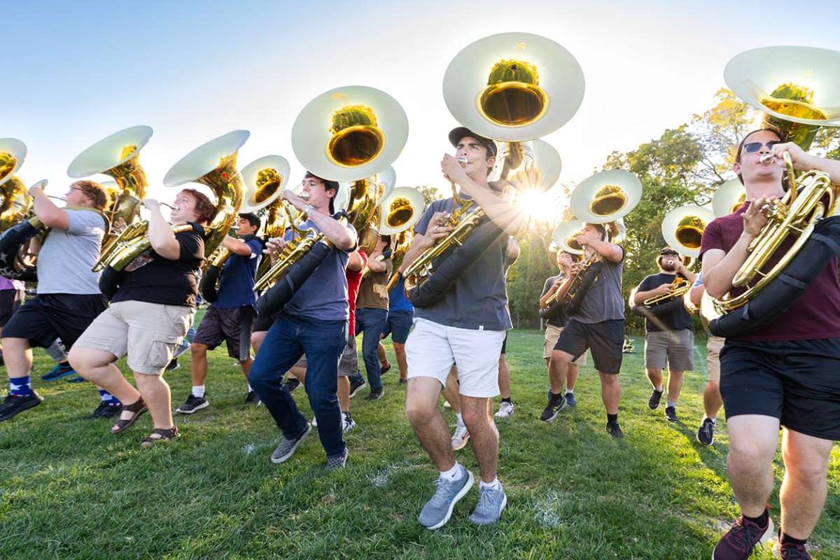 The marching band's tuba section during practice.